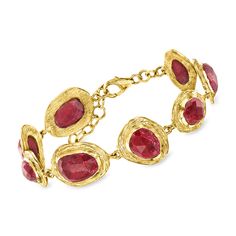 Ross-Simons - 20.00 ct. t. w. Ruby Bracelet in 18kt Gold Over Sterling. 7". Warm up your wardrobe with this well-priced ruby bracelet! 20.00 ct. t. w. oval rubies embrace an artsy look on the wrist from organic-shaped bordering stations. Finely crafted in textured and polished 18kt yellow gold over sterling silver. Includes a 1" extender. Lobster clasp, ruby bracelet. Ruby birthstones are the perfect gift for July birthdays. Yellow Gold Ruby Diamond Jubilee Bracelet, Luxury Gold Ruby Bracelets, Ruby Bangle Bracelet In Yellow Gold, Oval Ruby Jewelry With Jubilee Bracelet, Gold Oval Ruby Bracelets, Oval Ruby Bracelet In Gold, Yellow Gold Ruby Bangle Bracelets, Oval Gold Ruby Bracelets, Gold Ruby Bracelet Fine Jewelry