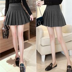 Color: Black .Gray .Fabric material:woolen.Size:S.M.L.XL. Solid Mini Skirt For Winter, Fitted Gray Casual Skirt, Gray Mini Length Pleated Skirt For Spring, Spring Gray Pleated Mini Skirt, Winter Mini-length Lined Skort, Gray Cotton Mini Skirt, Gray Skort For Fall, Gray Pleated Skort For Fall, Casual Solid Skort For Winter