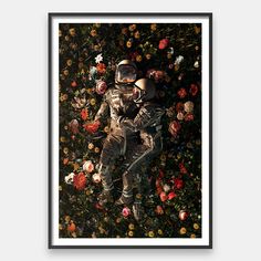 an astronaut is surrounded by flowers and plants