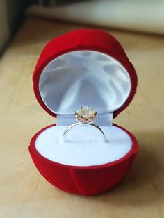 an open red velvet ring box on a wooden table