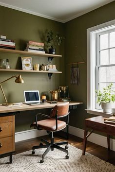 #OliveHomeOffice #StylishWorkspace #ProductiveSpace#home #decor #design Olive Green Home Office, Forest Green Office, Rustic Office Ideas, Olive Green Office, Earthy Office, Workspace Home Office, Green Home Offices, Rustic Office, Game Room Basement