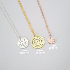 D I S C * N E C K L A C E ♡  On a hand crafted necklace hangs a inspirational disc charm to help you with Abundance, Acceptance, Creativity, to Feel Good, Mindfulness and Success. * Disc Diameter:12 mm//20mm/25mm[optional] * Chain Type: Cable chain * Finish:  Silver ∙ 18K Gold ∙ Rose Gold * Material: Copper ∙ 925 sterling silver * Font Chart/Gift wrapping:View the last 2 photos in the list. ♡ H O W * T O * O R D E R ♡  1. Complete the order 2. Amount of text: [12 mm/75characters/20 mm/150characters /25 mm/250characters] *We have two materials, the color behind the material is the color of the product itself Example: 925 Silver (Material) - Gold (FINISH（COLOR） ♡ T U R N * A R O U N D * T I M E ♡  * All items are custom made to order. Our turn around time is about 6 - 14 business days.    Th Silver Font, Font Chart, Message Necklace, Necklace Quotes, Song Lyric, Handcrafted Necklace, Custom Quotes, Sentimental Gifts, Silver Material