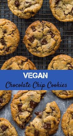 vegan chocolate chip cookies on a cooling rack with the words vegan above them