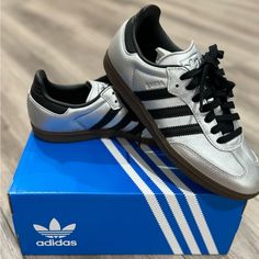 Brand New With Box And Tags! Sold Out Smoke Free/Pet Free Home Beautiful Silver Metallic With Black Accent Adidas Samba Women’s 7.5 Black Adidas Samba, Adidas Samba Women, Samba Og, Shoes Brand, Black Accents, Adidas Samba, Black Adidas, Samba, Adidas Shoes