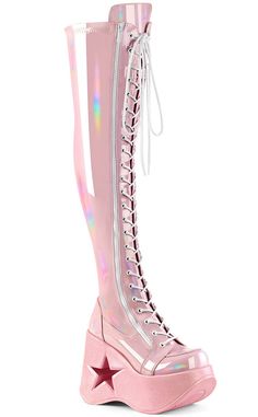 DYNAMITE-300 Baby Pink Patent Thigh High Boots-Demonia-Tragic Beautiful Demonia Boots Holographic, Stretch Thigh High Boots, Goth Boots, Demonia Shoes, Festival Shoes, Catty Noir, Dr Shoes, Punk Boots, Light Up Shoes