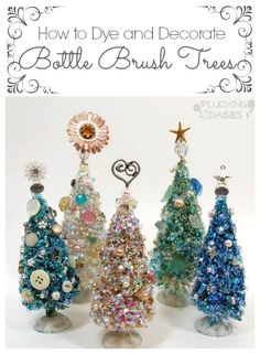 three small christmas trees made out of glass beads and buttons with the words how to dye and decorate bottle brush trees