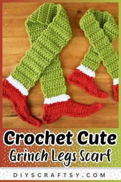 two crocheted christmas stockings with the words crochet cute grin legs scarf