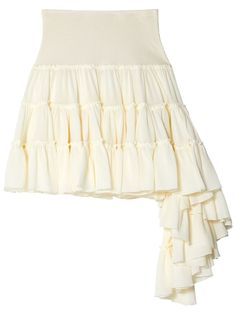 off-white silk fully ruffled ribbed waistband tiered skirt asymmetric hem thigh-length Elegant Asymmetrical Ruffled Mini Skirt, Luxury Cream Skirt With Ruffles, Luxury Mini Skirt With Ruffle Hem, Luxury Cream Ruffled Skirt, Loewe Skirt, White Ruffled Asymmetrical Mini Skirt, Denim Wallet, Versace Outfit, Demi Fine Jewelry