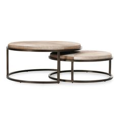 two round tables with metal bases, one on each side and the other on top