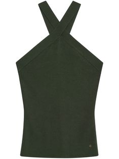 dark green fine knit semi-sheer construction logo charm slim cut seam detailing halterneck straight hem Chic Fitted Green Knit Top, Chic Fitted Halter Neck Knit Top, Fitted Knit Halter Neck Top, Elegant Green Stretch Tank Top, Green Seamless Halter Top, Chic Green Knit Tops, Fitted Halter Neck Top For Work, Seamless Tops For Workwear, Elegant Fitted Green Halter Top