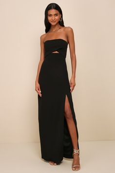 Extravagant Persona Black Strapless Cutout Column Maxi Dress Fancy Maxi Dress, Black Tie Event Dresses, Black Wedding Guest Dresses, Maxi Dress Strapless, Glamorous Dress, Strapless Prom Dress, Dark Dress, Rehearsal Dinner Dresses, Cutout Maxi Dress