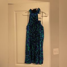 Zara Halter Blue/Green Sequin Short Dress - S. Never Been Worn Zara Mini Dress With Sequins For Spring, Blue Mini Sequin Dress For Summer, Blue Mini Length Sequin Dress For Summer, Blue Mini Sequin Dress For Spring, Blue Sequin Dress For Night Out In Summer, Blue Sequin Dress For Summer Night Out, Zara Sequin Dress For Summer Night Out, Blue Sequin Dress For Date Night In Spring, Zara Sequin Dress For Summer Nights