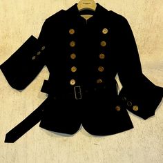 This Is A Gorgeous 96%Wool 4% Elastane Fabric Military Style Jacket. It Has Beautiful Buttons And A Belt With A Buckle All In Antique Bronze Metal. It Had Two Pockets In The Front And Two Slits On The Back, It Is Double- Breasted And Extravagant Beautiful Long Sleeves With Button Cuffs; Tailored Silhouette, Lined With Signature Burberry Check Inserts. Shoulder Epaulets Add More Style To This Exquisite Garment. It Is New But No Tags Attached. Made In Italy. Fall Blazer With Horn Royal Black Buttons, Military Style Jackets, Burberry Jacket, Elastane Fabric, Bronze Metal, Military Style, Military Fashion, Dark Colors, Antique Bronze