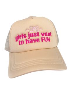 Need a trucker hat that's chic and quirky? Look no further! Our Girls Just Want to Have Fun Trucker Hat is perfect for those who don't take themselves too seriously. With a playful tone and fun word play, this hat is a must-have for any fashion-forward girl. Trendy Flat Brim Baseball Cap With Letter Print, Fun Summer Trucker Hat With Curved Bill, Summer Trendy Trucker Hat With Curved Bill, Trendy Summer Trucker Hat With Curved Bill, Trendy Summer Snapback Hat With Letter Print, Trendy Adjustable Snapback Hat With Letter Print, Summer Fun Snapback Hat With Curved Bill, Fun Snapback Hat With Letter Print And Flat Brim, Funny Adjustable Trucker Baseball Cap