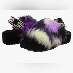 Ugg Women's Fluff Yeah Slide Slipper Black Leather Winter Slippers, Purple Winter Slippers With Round Toe, Purple Round Toe Winter Slippers, Black Fluffy Slippers For Winter, Black Synthetic Slippers With Faux Fur Lining, Black Slippers With Faux Fur Lining, Black Casual Slippers With Faux Fur Lining, Black Slip-on Winter Slippers, Black Cushioned Slippers For Winter