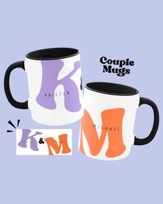 two coffee mugs sitting next to each other on top of a purple background with the words k and m