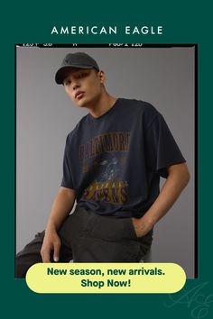 an ad for american eagle featuring a man in a baseball cap and t - shirt with the words, new season, new arrivals shop now