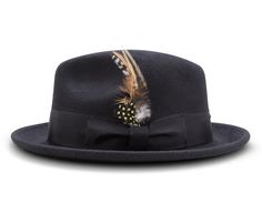 Montique Men's Black 2 Snap Brim Crushable Felt Wool Fedora Hat H10 - Suits & More Winter Fedora With Feather Trim, Winter Fedora Hat With Feather Trim, Brimmed Winter Fedora With Feathers, Winter Feathered Flat Brim Felt Hat, Winter Felt Hat With Feathers And Short Brim, Winter Felt Hat With Feathers And Flat Brim, Winter Feathered Brimmed Felt Hat, Short Brim Felt Hat With Feathers For Fall, Adjustable Felt Hat With Feathers For Winter