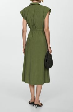 Move stylishly from work to weekend in this lightweight modal-blend midi designed with a polished collar and a shaping smocked waist. Front button closure Spread collar Short sleeves Smocked waist 86% modal, 14% polyester Machine wash, line dry Imported Button Midi Dress, Nordstrom Dresses, Forest Green, Smocking, Mango, Midi Dress, Short Sleeves, Nordstrom, Forest