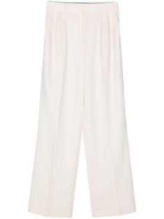 cream white tailored design pleat detailing pressed crease dart detailing high waist concealed front button, hook and zip fastening two side slash pockets rear welt pocket wide leg straight hem Classic White High-waisted Wide Leg Pants, Chic Wide Leg Dress Pants With Concealed Placket, Cream Workwear Pants With Welt Pockets, Tailored Cream Wide Leg Pants For Formal Occasions, Classic White Wide Leg Pants For Work, Chic Pantsuit With Welt Pockets And Straight Hem, Cream Straight Pants With Welt Pockets, Cream Straight Hem Bottoms For Work, Tailored Cream Wide Leg Pants For Work