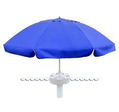 a blue umbrella sitting on top of a white pole next to an outlet for wires