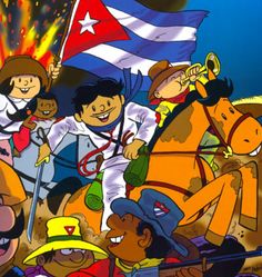 an animated image of people riding horses and holding flags