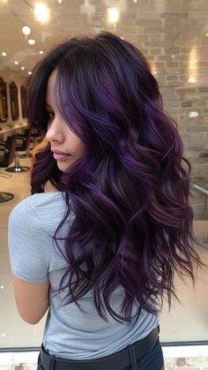 Purple Hairstyles Long, Purple Balyage Long Hair, Bold Blonde Highlights, Plum Highlights, Purple Red Hair Color, 80 Hair, Deep Brunette, Red Purple Hair, Balyage Long Hair