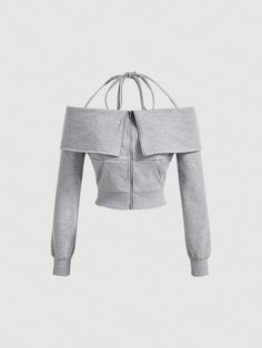 Gray Off-Shoulder Long-Sleeved Zip Up Sweatshirt With Lapel Pockets, Ballet Style, Halterneck Tie,Back To School,Y2k Grey Casual  Long Sleeve Knitted Fabric Plain Pullovers Medium Stretch Fall/Winter Women Clothing, size features are:Bust: ,Length: ,Sleeve Length: Back To School Y2k, Ballet Style, Zip Up Sweatshirt, Ballet Fashion, Back To, Headband Styles, Zip Up Hoodies, Print Pullover, Long Sleeve Knit