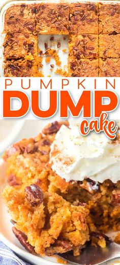 pumpkin dump cake on a plate with whipped cream and pecans in the background text overlay reads pumpkin dump cake