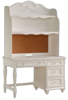 a white desk with a wooden top and drawers