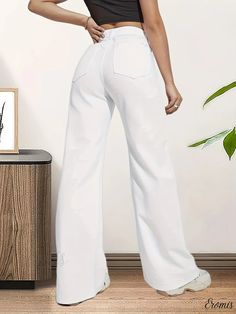 Eromis - Womens High Waist Wide-Leg Denim Jeans with Slant Pockets in White, Loose Fit Straight Cut Chic High Rise Solid Color Jeans, Trendy White Denim Flare Jeans, Spring Solid Color Wide Leg Jeans, Straight Leg Solid Color Jeans For Spring, White Full-length Cotton Flare Jeans, Trendy Full Length White Jeans, White Full Length Cotton Flare Jeans, White Non-stretch Denim Pants, White Full-length Jeans For Spring