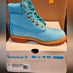 Exclusive Release/Junior Size 4, Timberland Boots. Beautiful Blue Blue Outdoor Boots With Rubber Sole, Blue Leather Boots With Reinforced Toe, Blue Winter Boots With Rubber Sole, Winter Blue Boots With Rubber Sole, Casual Blue Round Toe Boots, Blue Timberland Boots With Round Toe, Blue Timberland Leather Boots, Blue Leather Timberland Boots, Casual Blue Boots With Reinforced Toe