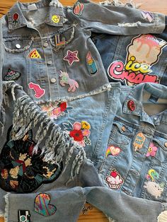 These patch jean jackets will make a statement! Each patch is individually SEWN into the jacket. These personalized jackets are great as gifts, parties, holidays, or just everyday wear.  Please know that your jacket might vary slightly from what is pictured. The brand/wash/color will vary based on the size and what stock we have. If you like the jean fringe jacket please be specific in your personalization. This item may take longer to ship. Depending on size ordered- the fringe jean jacket might be different from pictured. I'll be happy to send a picture of what's in stock before you order.  I have such a wide variety of patches. I can usually customize whatever look you're going for! Please include your child's interests: sports, animals, music, dance, shapes, favorite foods/fruits/desse Multicolor Denim Outerwear With Patches, Trendy Multicolor Patchwork Denim Jacket, Cotton Denim Jacket With Patches For Winter, Winter Cotton Denim Jacket With Patches, Trendy Patched Denim Jacket, Multicolor Denim Jacket With Patches For Spring, Trendy Cotton Denim Jacket With Patches, Multicolor Patched Denim Jacket For Spring, Trendy Denim Jacket With Patches