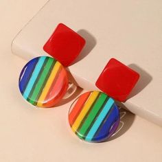 Rainbow Striped Retro Style Earrings - SHExFAB Sailor Hat, Hat Beret, Jumpsuit Outfit, Party Dress Short, Cardigan Vest, Short Mini Dress, Plus Dresses, Style Earrings, Rainbow Stripes