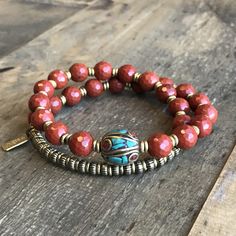 Genuine red jasper 27 bead wrist mala bracelet, hand made brass African Trade beads and a limited edition hand made Tibetan guru bead. Its a wrap bracelet, (str Red Jasper Jewelry, Its A Wrap, Earthy Style, Wrist Mala, Jasper Jewelry, Handmade Jewelry Bracelets, Men's Bracelets, African Trade Beads, Mala Bracelet