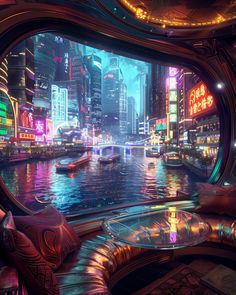 a futuristic city is seen through the window of a boat in the water at night