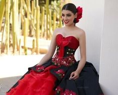 Mexican Quinceañera embroided dress | eBay Red Quinceanera Ideas, Quinceanera Dresses Mexican, Quince Dresses Charro, Vestido Charro, Ball Gown Quinceanera Dresses, Mexican Quinceanera, Black Quinceanera Dresses, Charro Quinceanera, Mexican Quinceanera Dresses