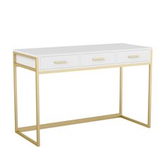 a white and gold desk with two drawers on the top, against a white background