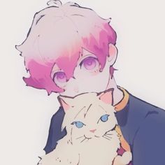 a person with pink hair holding a white cat