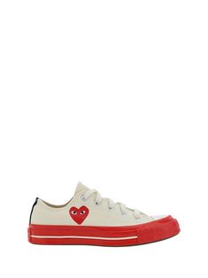 Cotton big heart 70 sneakers by comme des garcons play x converse, rubber-reinforced round toe, a contrasting flat sole, the brand's iconic signatures printed in contrast on the insole, the brand's iconic heart logo printed in contrast on the side panel, a monochrome fabric design, a lace-up front closure, and a leather pull tab for easy donning. Composition: 100% % Cotton, 100% % Rubber Comme Des Garcons Sneakers, Comme Des Garcons Shoes, Play X Converse, Converse Comme Des Garcons, Play Comme Des Garcons, High Heel Rain Boots, Comme Des Garcons Play, Heart Logo, Backpack Tote Bag