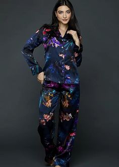 Natalya Silk Pajamas - Women's Sleepwear, 100 pct Silk Pajamas | Julianna Rae Blue Satin Long Sleeve Sets, Blue Long Sleeve Satin Sets, Silk Long Sleeve Sleepwear For Home, Blue Silk Sleepwear For Pajama Party, Silk Long Sleeve Sleepwear For Pajama Party, Silk Long Sleeve Bedtime Set, Silk Pajamas Women, Silk Chemise, Low Rise Pants