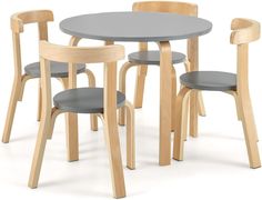 the table and chairs are made out of wood with grey seat cushions on each side