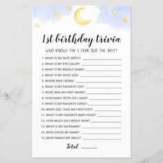 a birthday trivia card with the words, 1st birthday trivia written on it