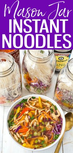 mason jar instant noodles in a bowl with text overlay