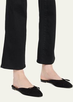 Manolo Blahnik Ballerimu Suede Bow Ballerina Flat Mules - Bergdorf Goodman Manolo Blahnik Mules, Manolo Blahnik Flats, Manolo Blahnik Black, Flat Mules, Suede Mules, Leather Slippers, Footwear Design Women, Leather Mules, Ballerina Flats