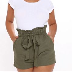 Brand New In Original Packaging. Olive Green Colored. Casual Vacation Shorts With Tie Waist, Chic Paperbag Waist Shorts For Vacation, Casual Bottoms With Pockets For Summer Outings, Summer Beach Shorts With Paperbag Waist, Casual Paperbag Waist Shorts For Vacation, Summer Shorts With Tie Waist For Day Out, Casual Tie Waist Shorts For Spring, Vacation Shorts With Paperbag Waist And Pockets, Trendy Paperbag Waist Bottoms For Beach