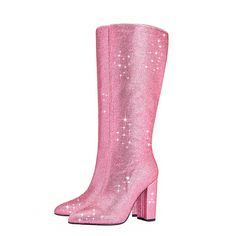 Shop Pink Rhinestone Chunky Heels Knee High Boots color Pink for Anniversary, Big Day, Going out with worldwide Free shipping & Free return. Pink Rhinestone Boots, Pink Go Go Boots, Pink Boots Outfit, Pink Knee High Boots, Crazy High Heels, Glittery Boots, Bling Heels, Thigh High Boots Flat, Luxury Boots