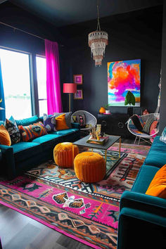 40 Black Living Room Ideas to Refresh Your Space Pink Couch Living Room, Black Living Room Ideas, Jewel Tone Living Room, Apartment Bed, Colourful Lounge, Bedroom 2023, Cozy Scandinavian, Bold Living Room, Dnevna Soba