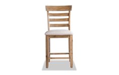 a wooden bar stool with a white cushion on the seat and backrest, against a white background