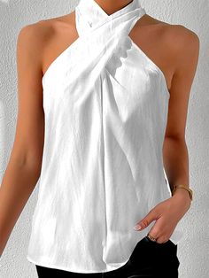 White Casual Solid Summer Sleeveless Tank Summer Tops Pattern, Sleeveless Tops Summer, Halter Tank Top, Cotton Linen Dresses, Halter Tank, Halter Tops, Blouse Diy, Plus Size Kleidung, Fashion Blouse Design